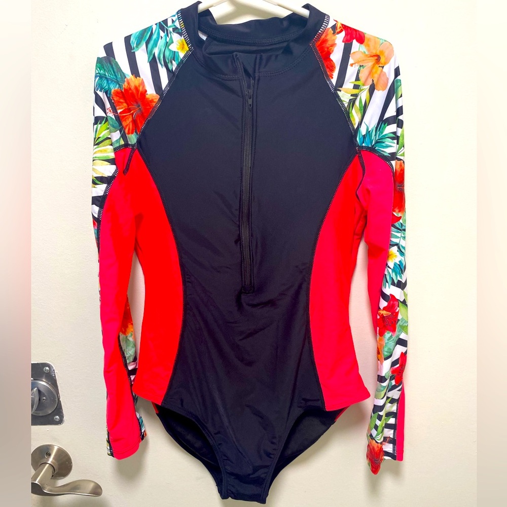 Daci,Bold Orange and Black tropical,Long Sleeve One Piece Swimsuit,Size S,zipper